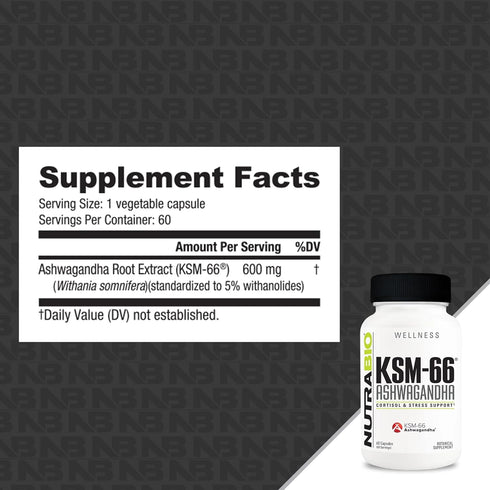 NutraBio Ashwagandha KSM-66 Herbal Supplement for Better Overall Well being, 600mg - 60 Vegetable Capsules