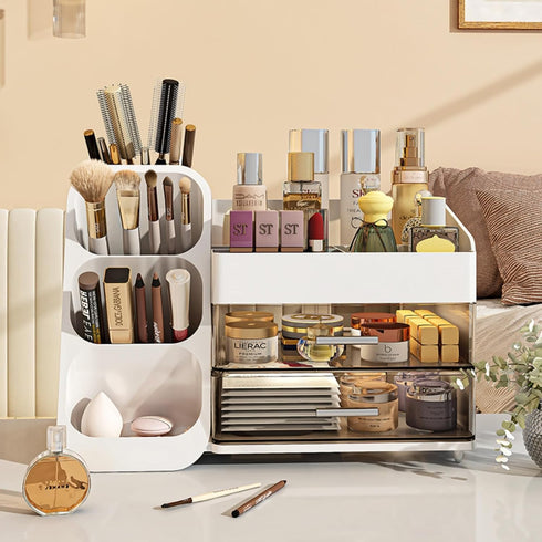 Large Capacity Makeup Organizer with Drawers for Vanity, Bathroom & Bedroom Desk, Easy Storage for Cosmetics, White