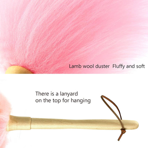 Lambswool Duster 14'' Length, Solid Wooden Handle for Cleaning Ceiling Fans, Window Blinds, Natural Feather Duster, Pink