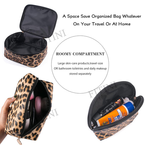 Makeup Bag Leopard 3 Pack, Portable Travel Toiletry Bag Organizer with Small Brush Holders, Waterproof Storage Case for