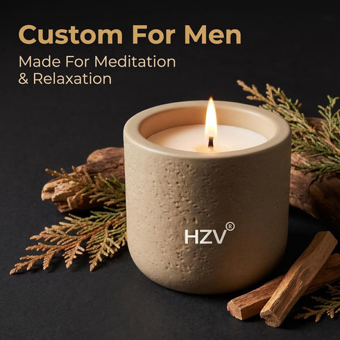 HZV 25 Mens Meditation Candle - Temple Serenity Woody Scent, Cement Vessel, Natural Soy Wax Candle for Stress Relief