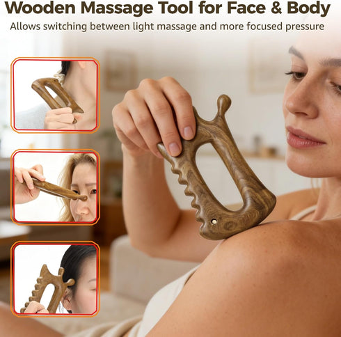 Wooden Gua Sha Massage Tool for Face and Body, Acupressure Massager with Ergonomic Grip, Gua Sha Style Muscle Scraper