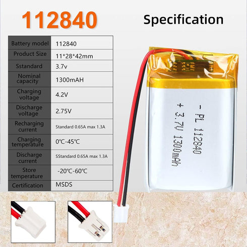 3.7V 1300mAh 112840 Lipo Battery, Rechargeable Lithium Polymer Ion Pack with JST Connector