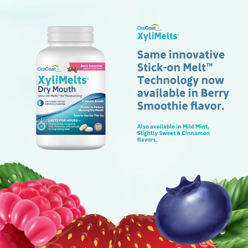 OraCoat XyliMelts Dry Mouth Relief Stick-On Melts Berry Smoothie with Xylitol, Non-Acidic, Stimulates Saliva, 100