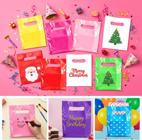 Xaajooio 500 6x8 Inch Pcs Multicolor Plastic Goodie Bags with Handles Bulk Party Favor Gift Bags for Birthday Christmas