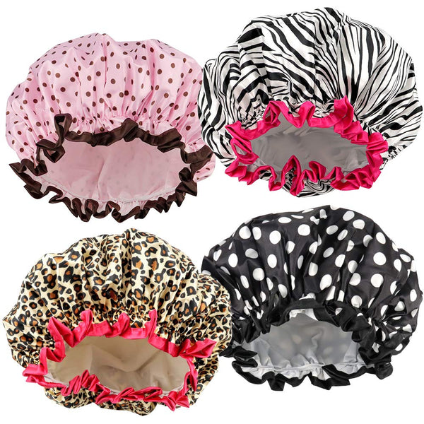 TCOTBE 4 Pieces Shower Cap for Women, Reusable Elastic Bath Caps with Double Waterproof Layers
