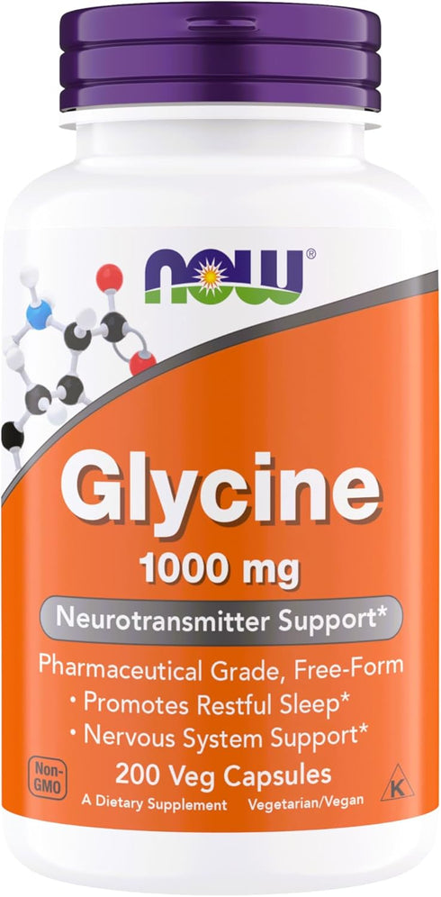 NOW Foods Glycine 1000mg, Free-Form Pharmaceutical Grade, Gluten Free, Vegan, Kosher, Neurotransmitter Support*, 200