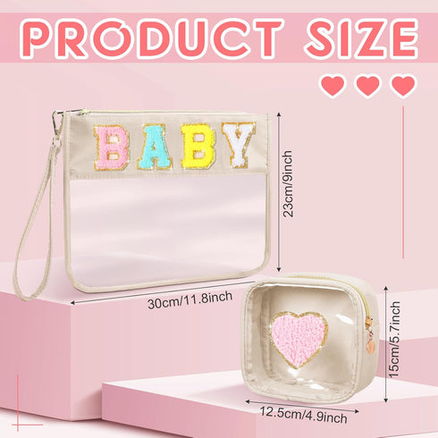 Hillban 2 Pcs Gifts Chenille Letter Bags Preppy Patch Makeup Bag Flat Clear Pouch PVC Organizer Purse Waterproof Travel Cosmetic Bag Portable Toiletry Storage Bag for Women Girl (Baby Theme)