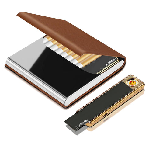 X-LIGHTER Cigarette Case with Lighter, Smell Proof Ultra Slim Leather Holder for 84MM King Size Cigarettes, Business