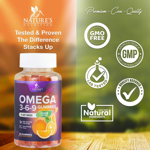 Omega 3 6 9 Vegan Gummies, 60 Gummies - Triple Strength Omega 3 Supplement for Heart & Brain Support