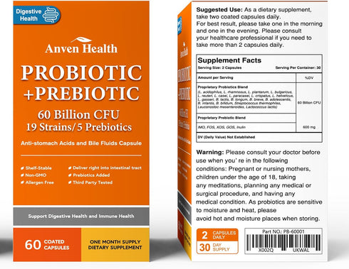 60 Billion Probiotics for Women and Men, 19 Strains, 5 Organic Prebiotics for Gut Digestive & Immune Health, Vegan