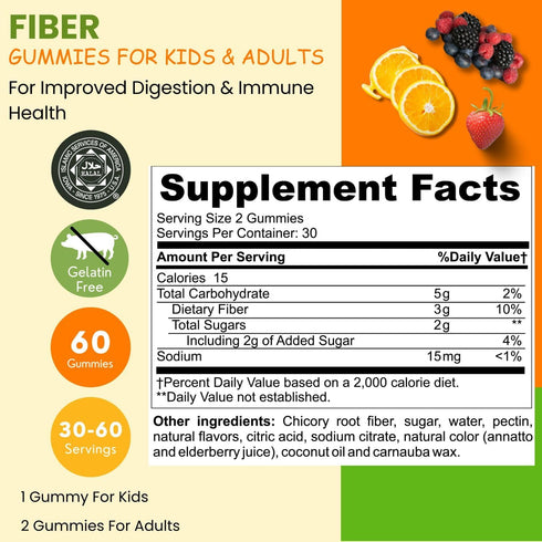 Halal & Gluten Free Fiber Gummies for Kids & Adults | 3g, 30-60 Servings | 60 Gummies | Improves Digestive Health, Immunity & Gut Health | Vegan Prebiotic | Non-GMO, Gelatin-Free