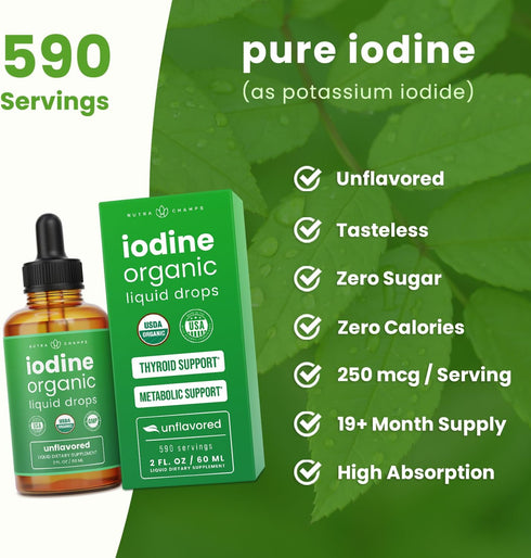 Organic Iodine Liquid Drops - 250 mcg Iodine Supplement for Women & Men - Potassium Iodide Solution 590 Servings