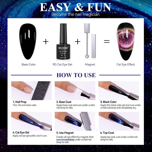 MIZHSE 9D Cat Eye Gel Nail Polish Set, Magnetic Cat Eye Gel Polish, 10ml*6 with 2 Magnets, Chameleon Magic Effect