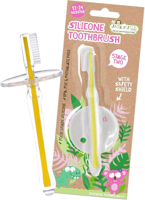 Jack N' Jill Stage 2 Silicone Toothbrush, Toddler Toothbrushes 1-2 Years, Soft Silicone Bristles, Safety Shield, Pack