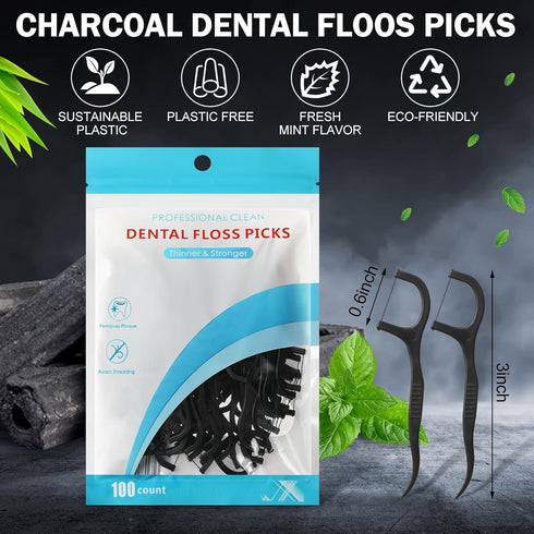 2000 Count Floss Picks Bulk Natural Dental Floss Picks Toothpicks Sticks High Pull Tooth Flosser Picks Sustainable Floss Picks for Teeth (Black)
