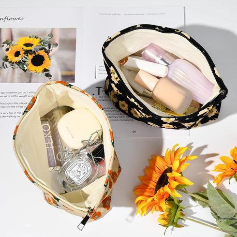 2 Pieces Large Corduroy Makeup Bag, Orange Black Flower Cosmetic Bag, Cute Aesthetic Travel Toiletry Organizer for Women