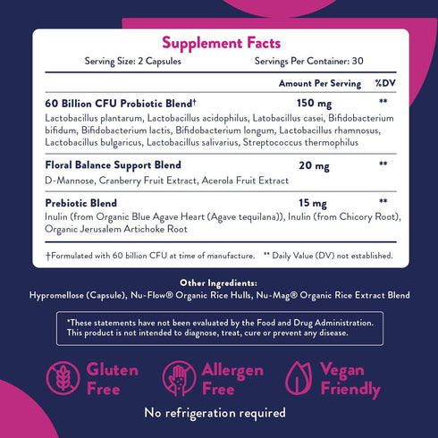 Probiotics for Women - 60 Capsules, Easy to Swallow Tiny Capsule with Prebiotics, 60 Billion CFUs