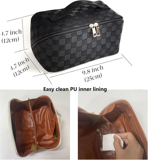 MINGRI Large Capacity Travel Cosmetic Bag for Women - Waterproof PU Leather Makeup Bag, Grid-Black