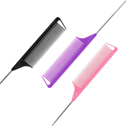Rat Tail Combs Set: 3Pcs Long Steel Pin Teasing Combs for Salon Hair Stylists, Metal Parting Combs