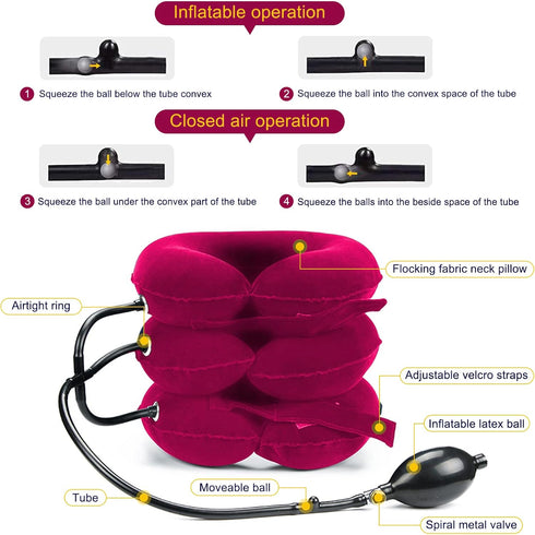 Cervical Neck Traction Device for Pain Relief, Adjustable Inflatable Neck Stretcher for Neck Decompression (Red)