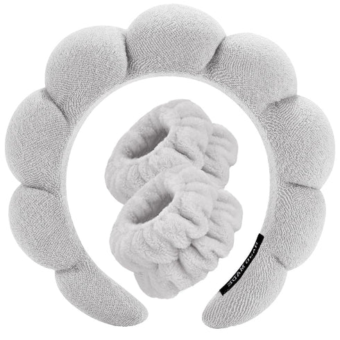 Spa Headbands for Washing Face, Wristband Set, Soft Terry Towel Cloth Hairband for Women (Gray)