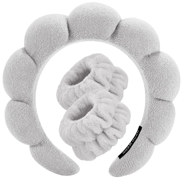 Spa Headbands for Washing Face, Wristband Set, Soft Terry Towel Cloth Hairband for Women (Gray)