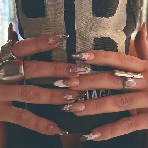 Press on Nails Medium Almond MABKJLF, French Tip Fake Nails, Nude Full Cover White Gold Nail Tip, 24 Pcs