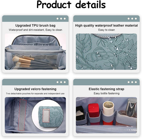 Travel Makeup Bags Cosmetic Organizer: 3-Set Large Capacity PU Leather Toiletry Bag for Women (Light Blue)
