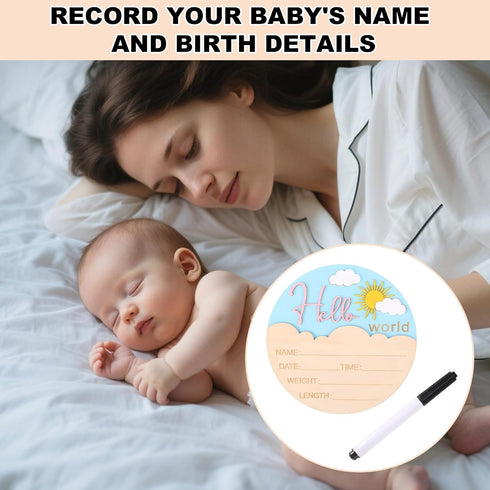 lasuroa 5.9 Inch Baby Announcement Sign, Cute Sun Style Wooden Hello World Newborn Sign Baby Name Plaque for Nursery