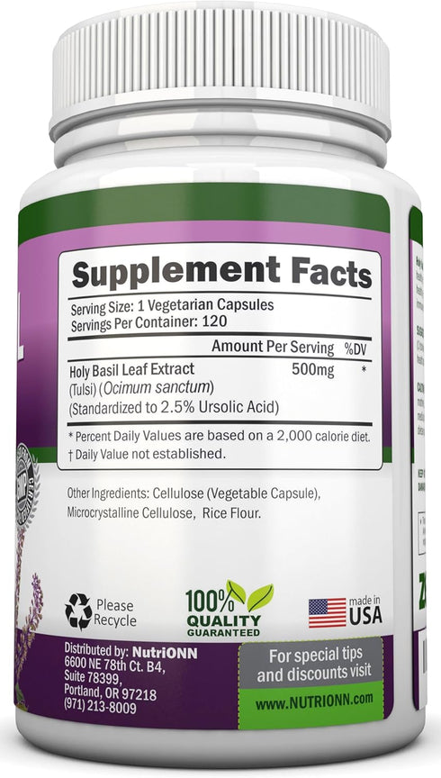 Holy Basil Leaf Capsules, 500mg, 120 Vegan Capsules, Real Tulsi Extract Supplement for Positive Mindset
