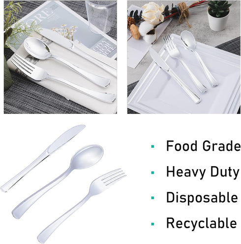 N9R 200pcs Plastic Silverware Set, Silver Plastic Cutlery with 100 Forks, 50 Spoons, 50 Knives for Party/Everyday Use