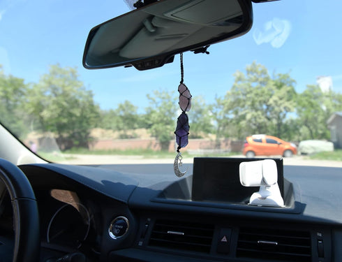 BOHO GARDEN Hanging Car Charm | 2-Pack Rose Quartz & Amethyst + Black Tourmaline & Blue Calcite