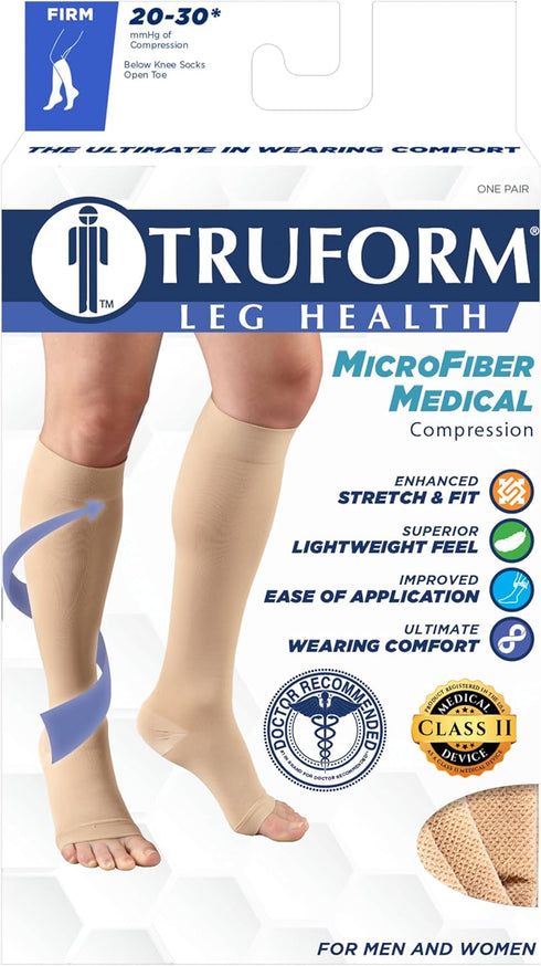 Truform Compression Stockings for Men and Women, 20-30 mmHg, Knee High Length, Open Toe, Gray, Large