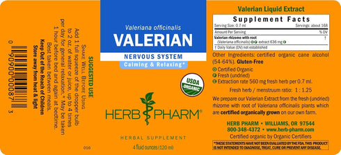 Herb Pharm Organic Valerian Root Liquid Extract, 4 Ounce, for Relaxation and Sleep
