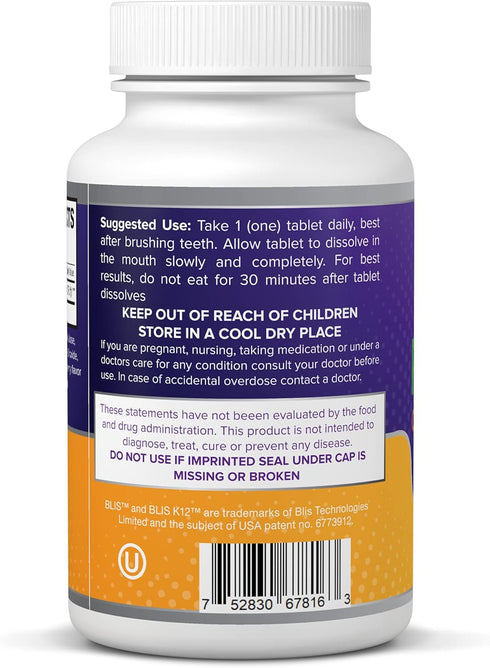 Oral Probiotic Supplement with BLIS K12, 4 Billion CFU, Dairy Free, 60 Count for Dental Health