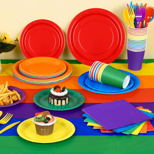 169 Pieces Rainbow Party Supplies Disposable Dinnerware Set for 24 Guests, Plates, Cups, Napkins, Cutlery