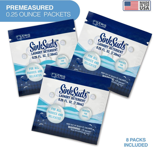 SinkSuds Laundry Detergent, Travel Size Liquid Soap, 8 Packets, TSA Compliant for All Fabrics