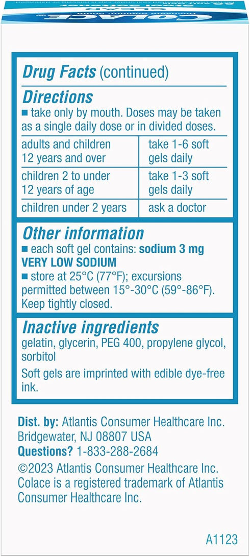 Colace Clear Stool Softener - Soft Gel Capsules for Constipation Relief, 50mg Docusate Sodium, Doctor Recommended, 60ct