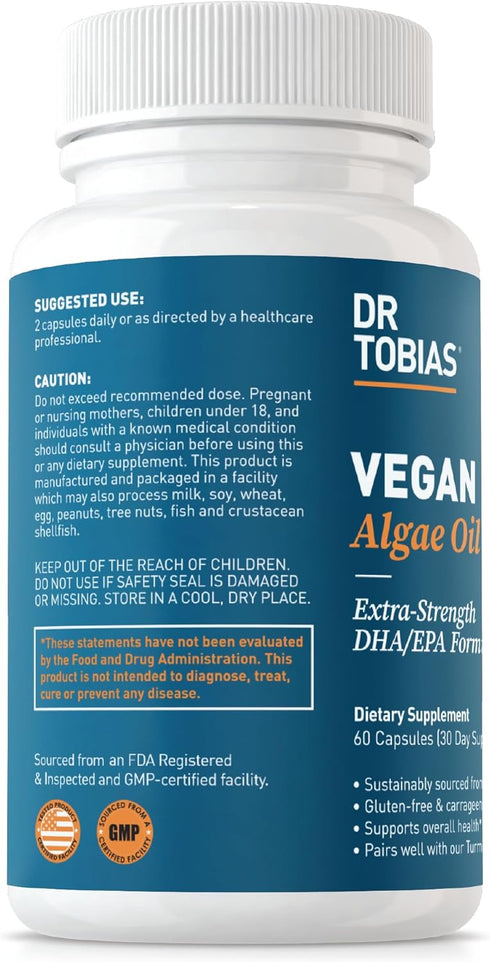 Dr. Tobias Vegan Omega 3 Algae Oil - 60 Capsules, 1400mg Vegan Omega 3 Supplement with Extra-Strength DHA & EPA