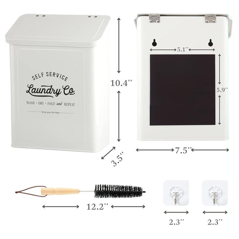 Magnetic Lint Bin for Laundry Room, Metal Trash Can with Lid, Laundry Co Sign, White