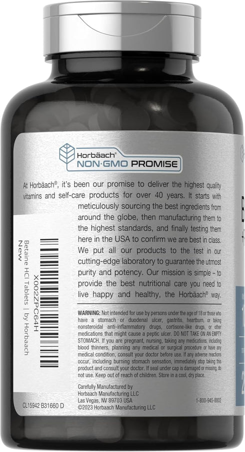Horbaach Betaine HCl with Pepsin: 1000mg, 250 Tablets, Hydrochloride Supplement with Ginger Root, Non-GMO, Gluten-Free