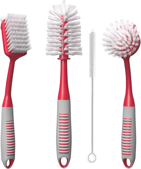 Dish Brush Set of 4 - Kitchen Scrub Brushes with Non-Slip Long