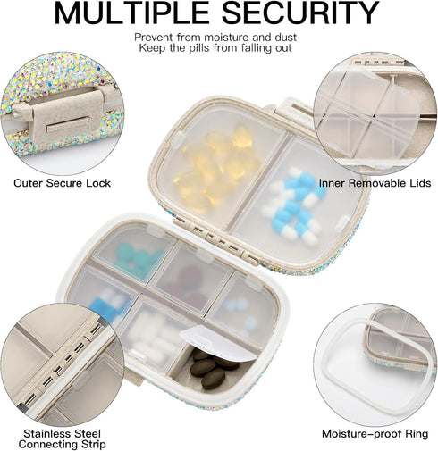 Soleebee Portable 8 Compartments Daily Pill Organizer, Bling Crystal Diamond Pill Box, Small Travel Medicine Container