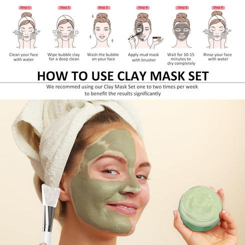 Ashlyn 3 PCS Clay Mask Set, Organic Facial Masks for Women, Green Tea and Rose Face Masks