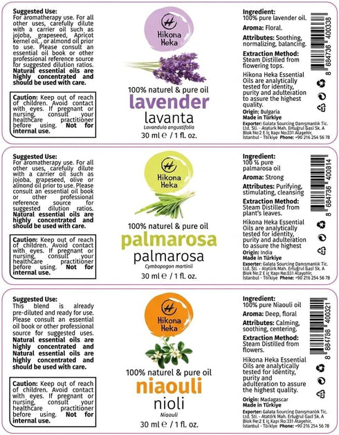 Hikona Heka Set 100% 1 oz 3-Pack Essential Oils for Diffusers Lavender, Palmarosa & Niaouli, Pure Undiluted Essential