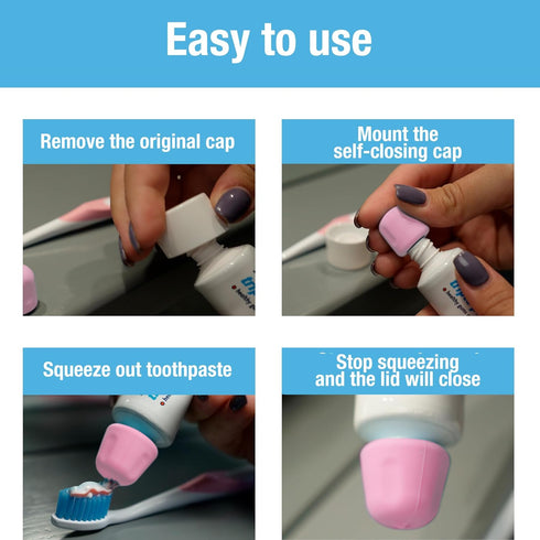 Tilcare 6-Pack Self Closing Toothpaste Caps by - No Waste Cap Dispensers for Adult and Kids Bathroom - Mess-Free