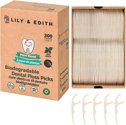 LILY & EDITH Biodegradable Dental Floss Picks - 300 Counts, Fluoride-Free, Plant Based, Zero Waste Package