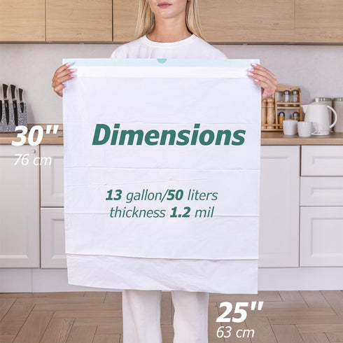 13 Gallon Tall Kitchen Drawstring Trash Bags, 1.2 Mil Extra Strong, 40 Count, Unscented, White, 25" x 30"