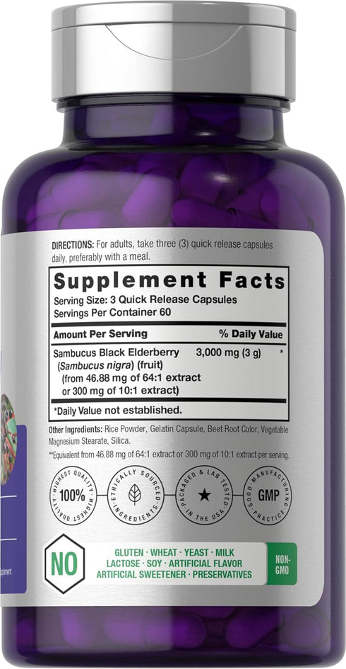 Horbaeach Black Elderberry | 3000mg Capsules | 180 Count | Non-GMO, Gluten Free | Sambucus Extract Supplement